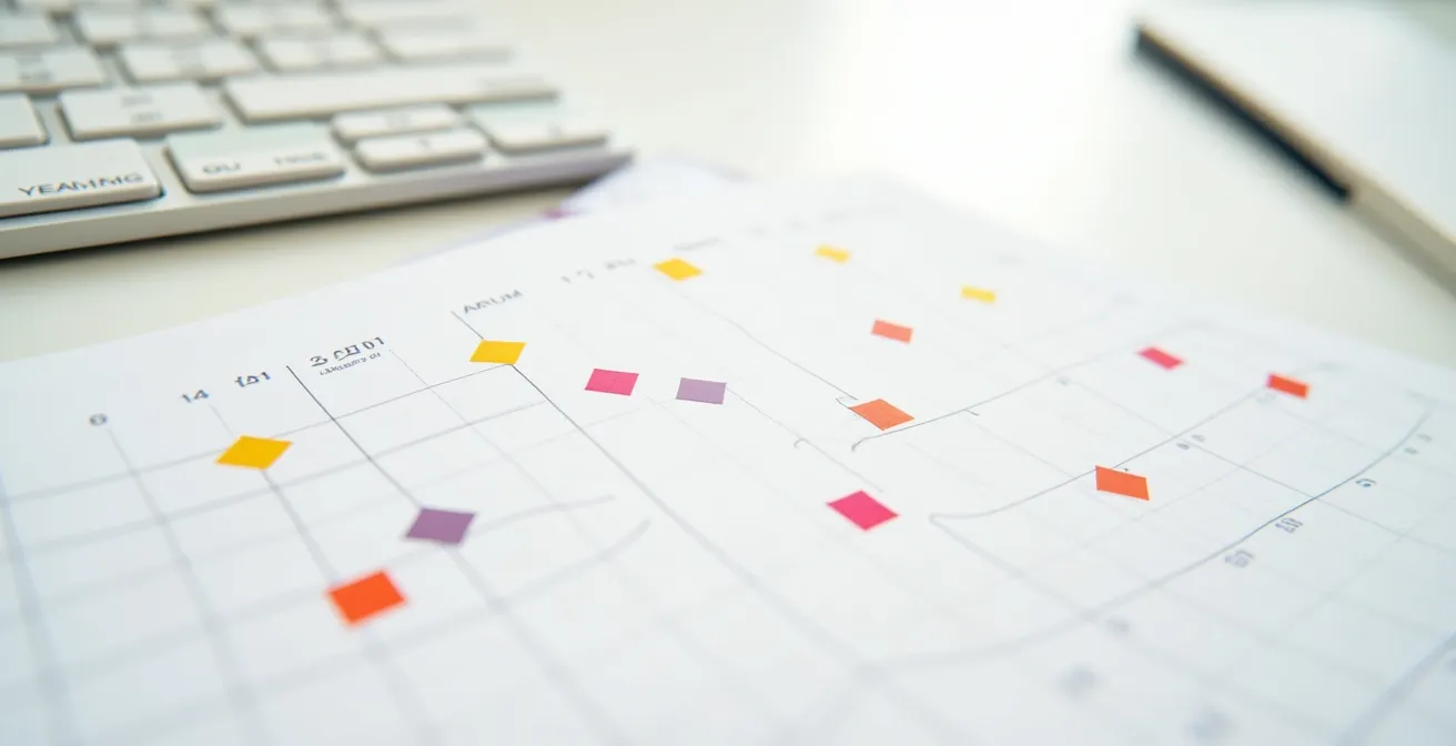 Vue détaillée d'un calendrier avec marqueurs visuels d'urgence