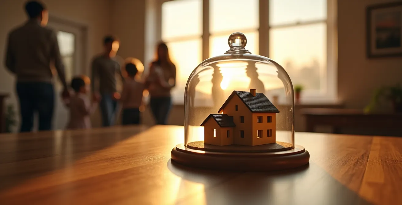 Maison familiale protégée sous cloche de verre avec famille floue en arrière-plan