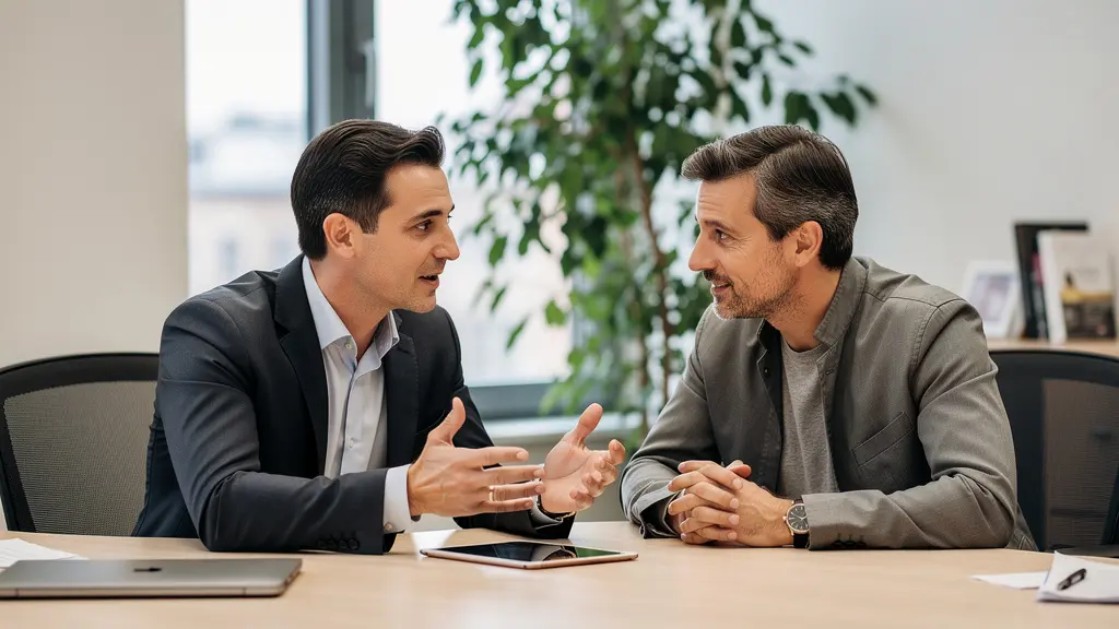 Conseiller financier expliquant une procédure de changement d'assurance à un client