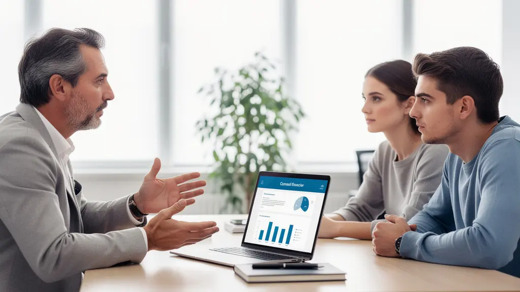 Conseiller financier expliquant des options de crédit à un couple de clients