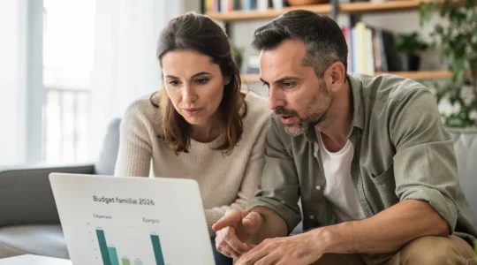 Couple analysant leur assurance emprunteur sur ordinateur dans leur salon