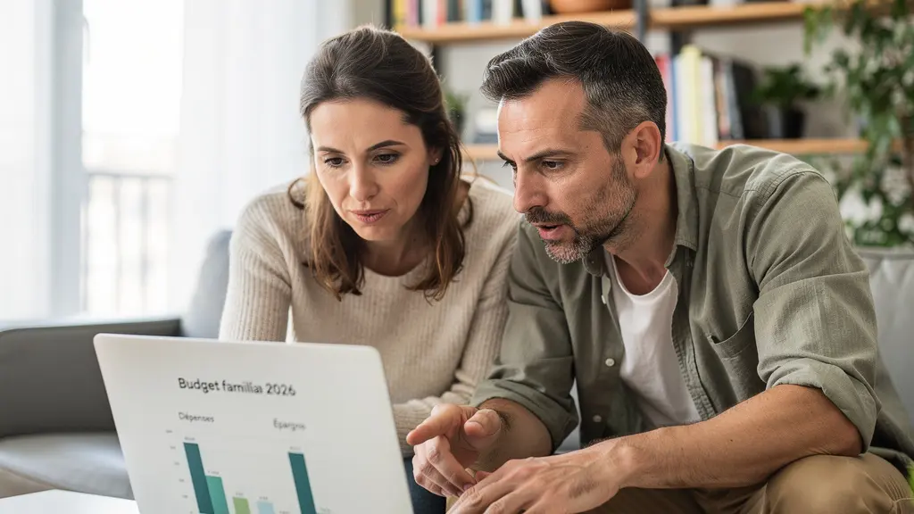 Couple analysant leur assurance emprunteur sur ordinateur dans leur salon