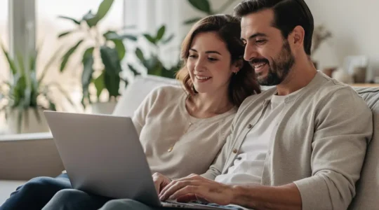 Couple consultant une simulation de crédit immobilier sur ordinateur portable dans un salon lumineux