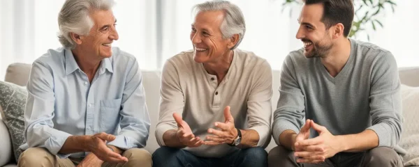 Famille française multigénérationnelle discutant de transmission patrimoniale dans un salon lumineux