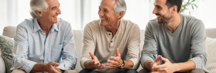 Famille française multigénérationnelle discutant de transmission patrimoniale dans un salon lumineux