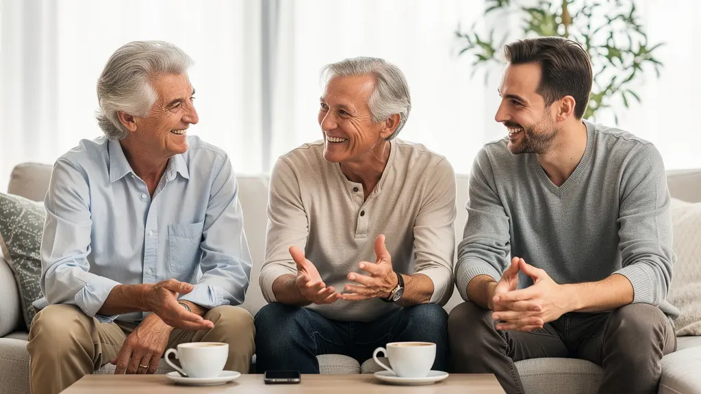 Famille française multigénérationnelle discutant de transmission patrimoniale dans un salon lumineux