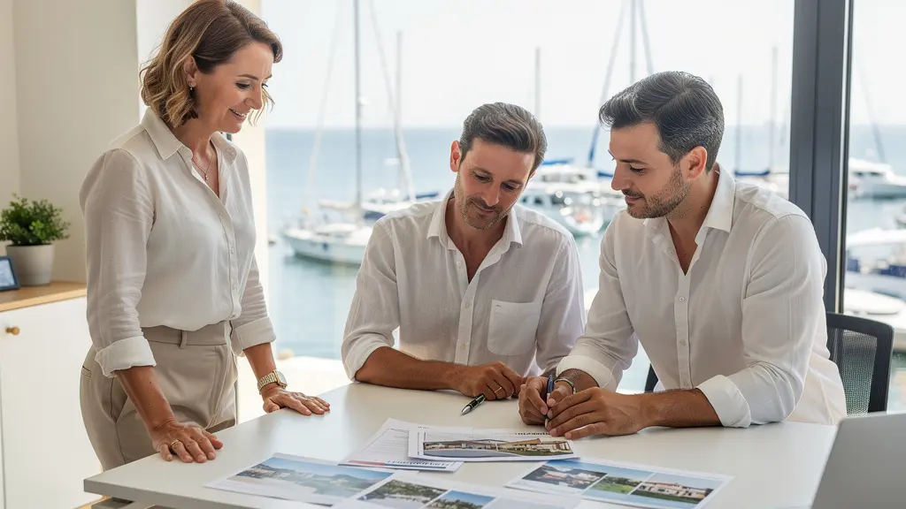 Agent immobilier présentant des documents à un couple dans une agence locale avec vue sur marina