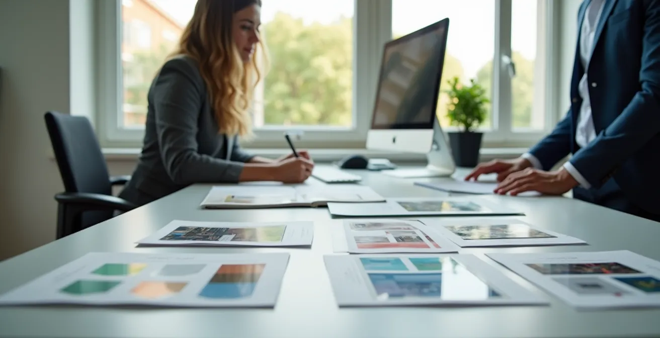 Agent immobilier préparant une campagne marketing professionnelle pour un bien en exclusivité