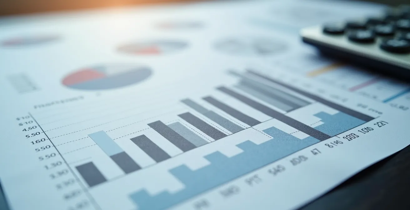 Vue macro de documents financiers avec graphiques de rentabilité et calculatrice