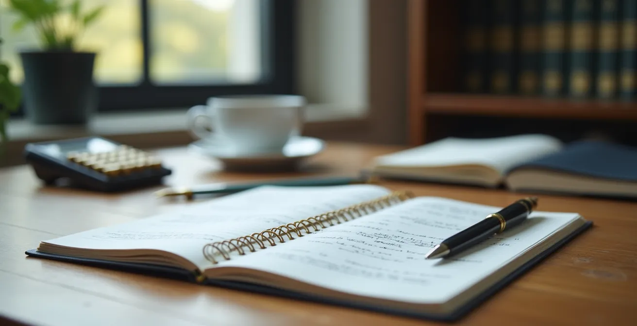 Analyse financière sur bureau avec calculatrice et documents juridiques floutés