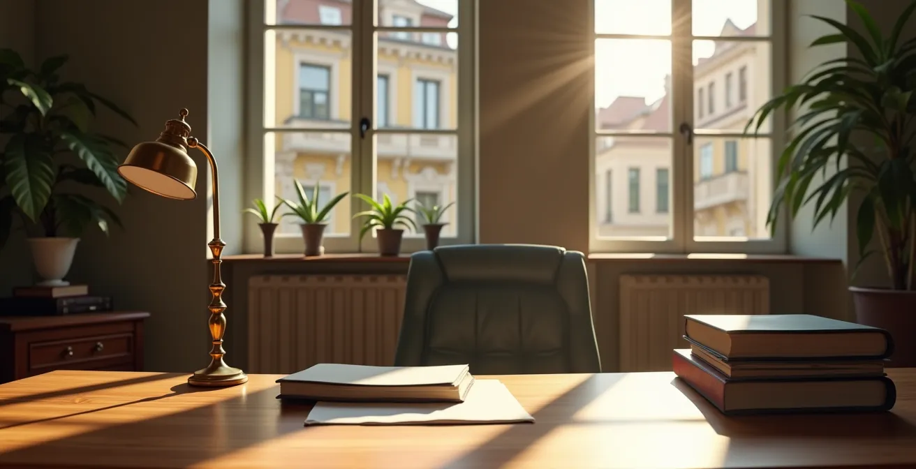 Bureau de directeur d'agence bancaire avec dossiers d'investissement sur la table