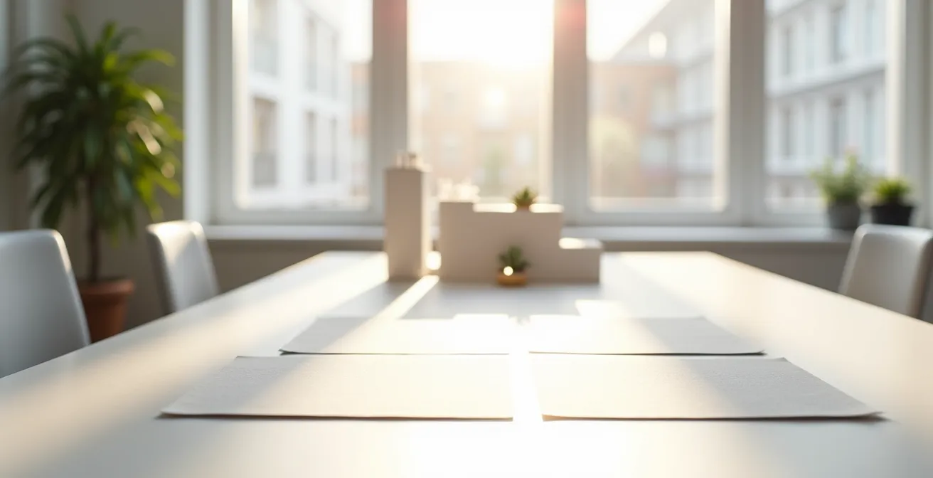 Espace de travail épuré avec documents immobiliers, symbolisant une prise de décision claire et stratégique.