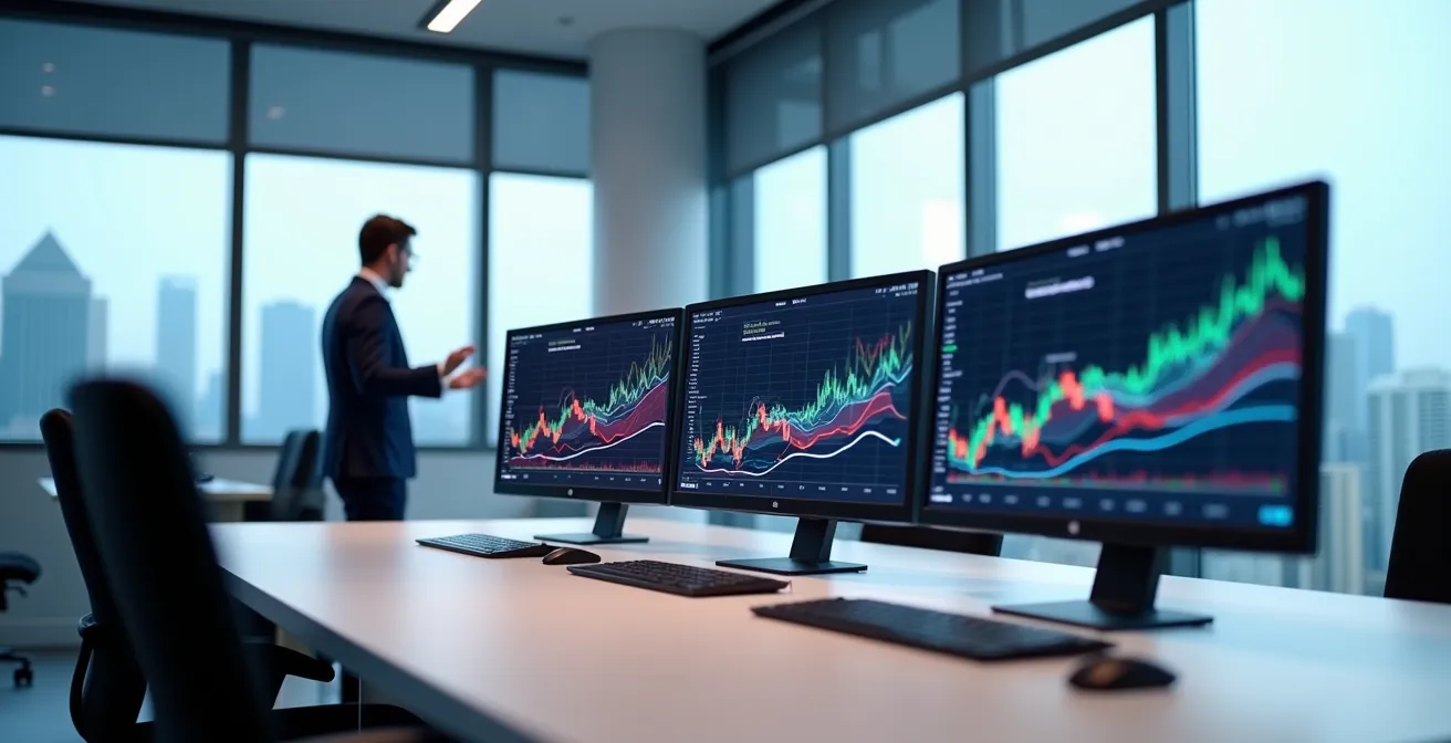 Bureau moderne d'un courtier immobilier avec écrans affichant des graphiques abstraits