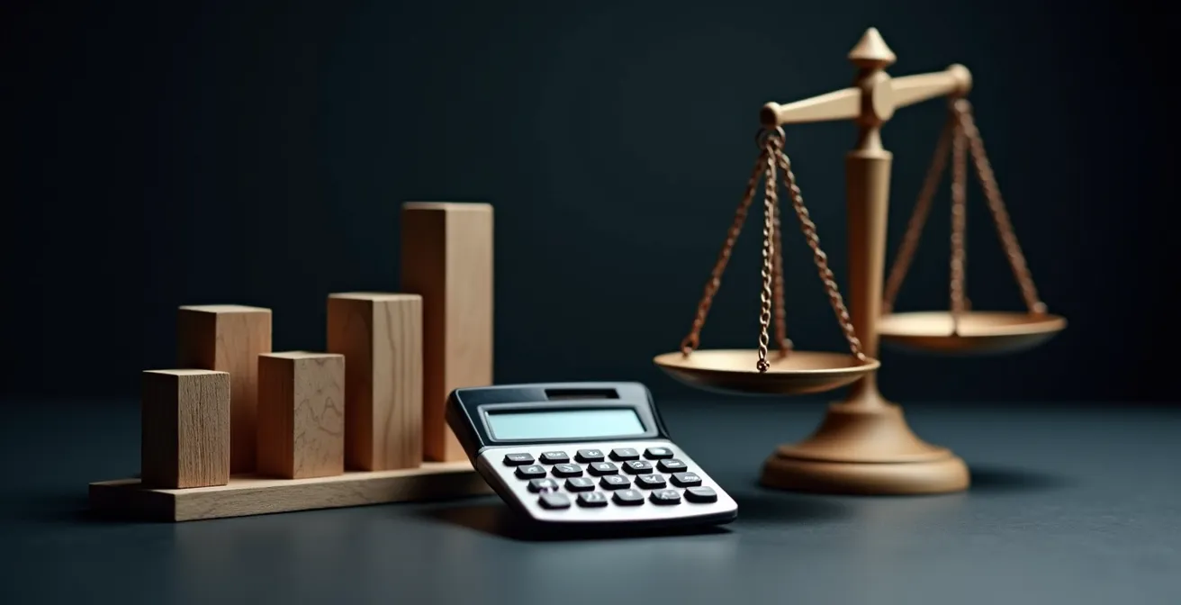 Composition symbolique avec une calculatrice et des graphiques, illustrant le calcul complexe du taux d'endettement et la recherche d'un équilibre financier.