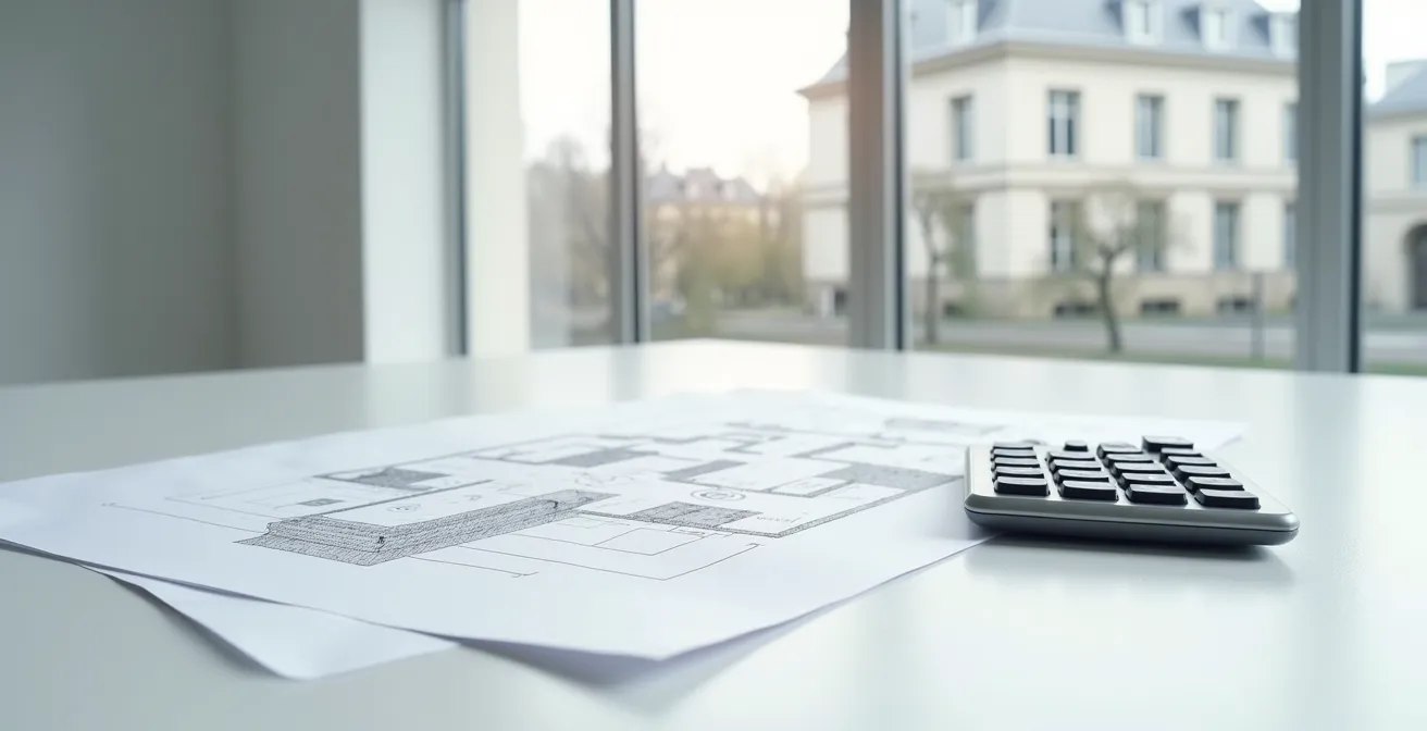 Bureau avec calculatrice et documents officiels pour déterminer le loyer en zone tendue