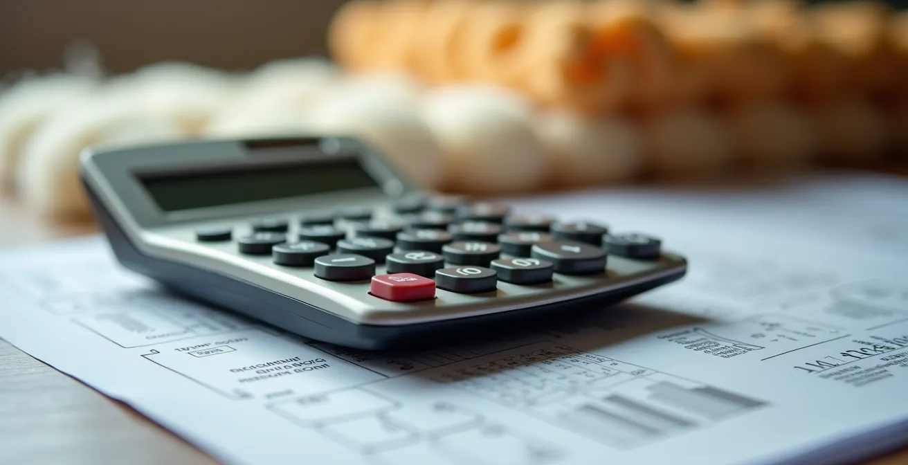 Calculatrice professionnelle posée sur des plans de rénovation avec échantillons de matériaux d'isolation