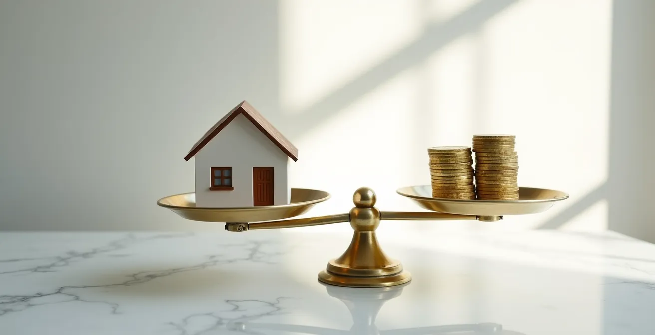 Balance ancienne en laiton avec maison miniature d'un côté et pièces d'or de l'autre