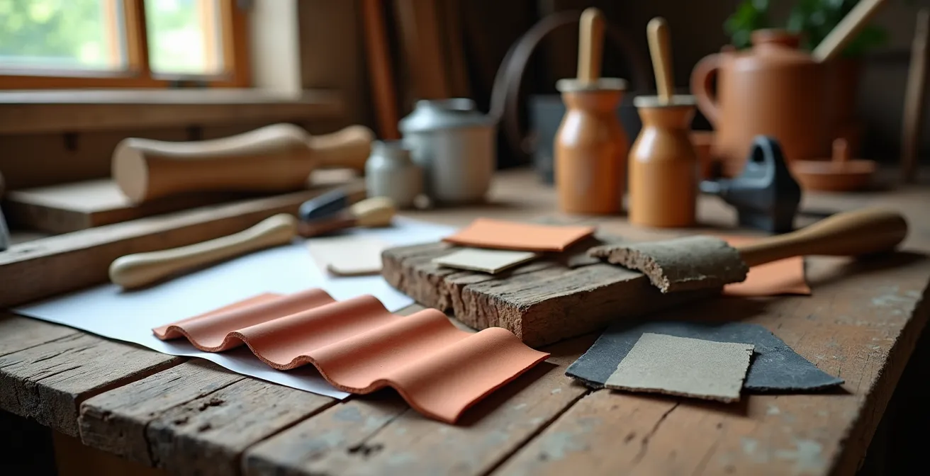 Plan de travaux d'entretien d'une maison avec outils et matériaux disposés sur une table de travail