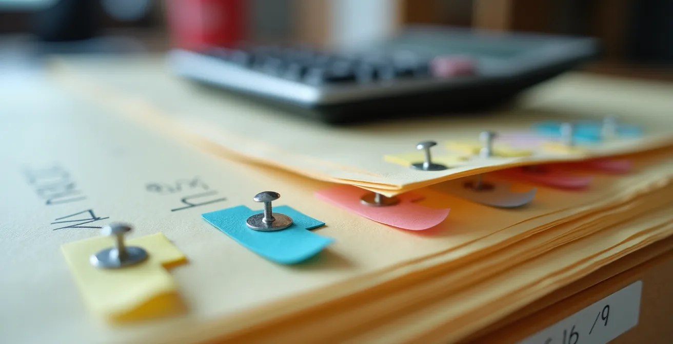 Documents comptables et factures organisés sur un bureau, symbolisant la rigueur de la gestion des charges déductibles.