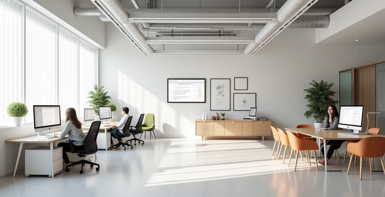 Vue d'un espace de travail moderne séparant un environnement digital et un bureau de rencontre traditionnel, symbolisant le choix entre courtier en ligne et agence locale.