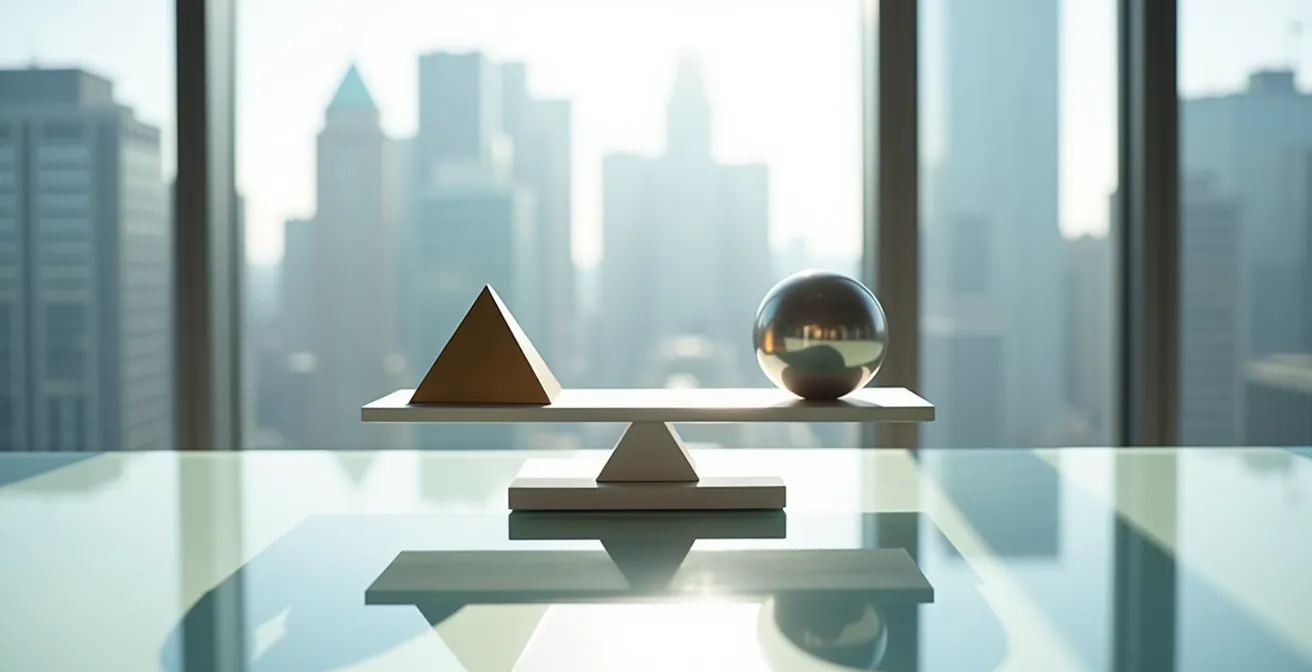 Balance équilibrée symbolisant le choix entre hypothèque et caution bancaire