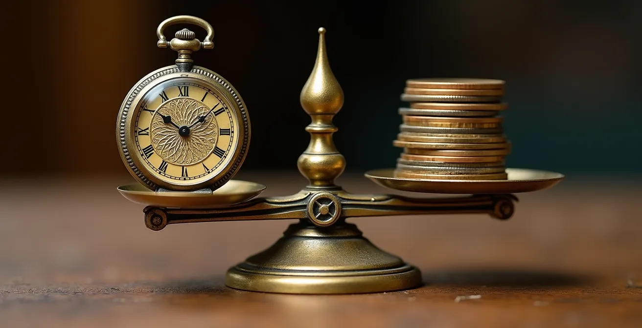 Balance vintage équilibrant symboliquement le temps et l'argent dans la gestion locative