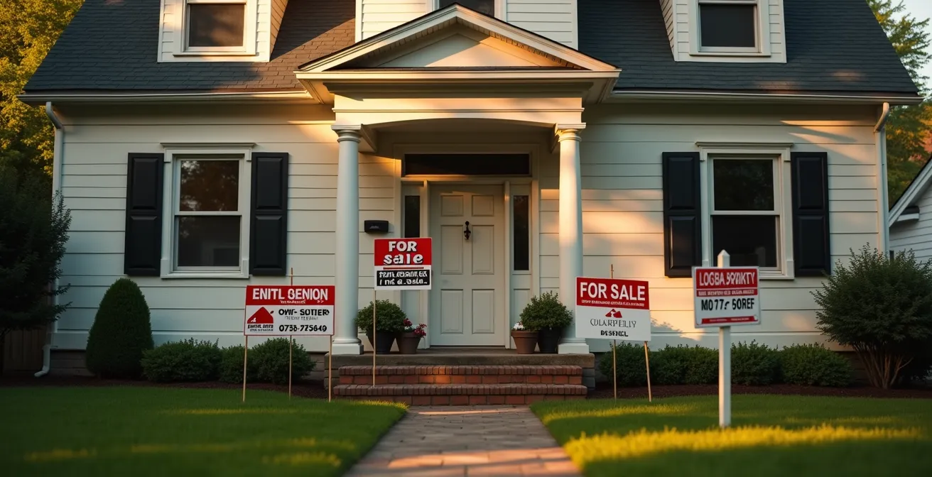 Plusieurs panneaux d'agences immobilières devant une même propriété créant une confusion visuelle