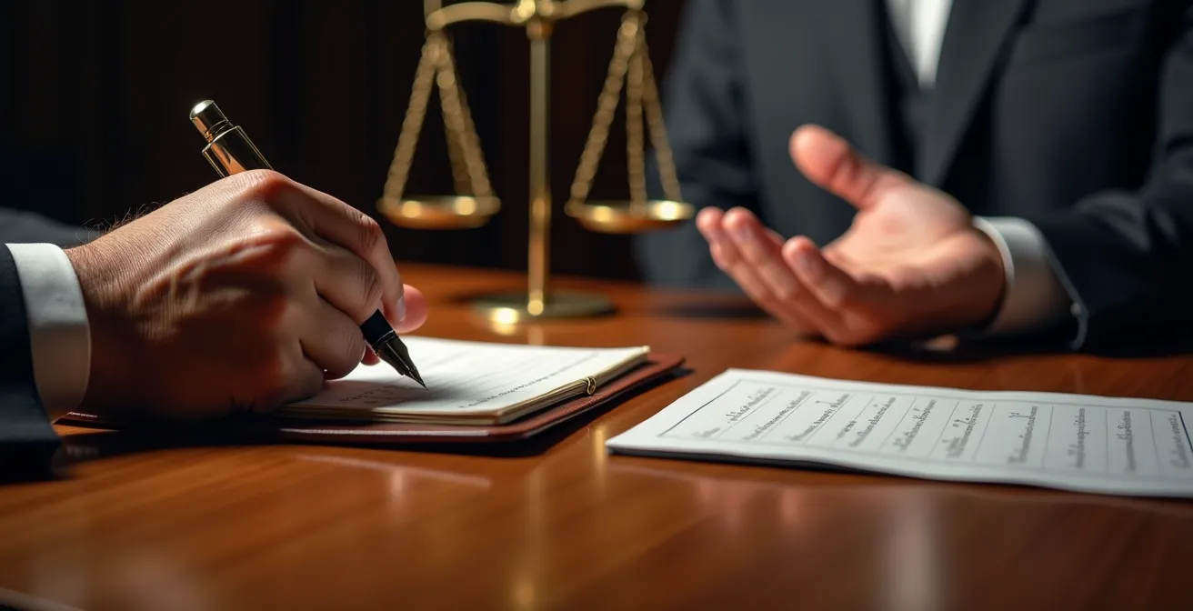 Consultation entre un notaire et un client avec prise de notes dans un cadre professionnel