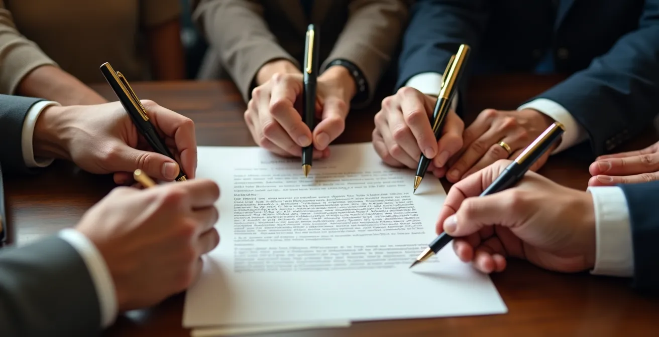 Signature d'une convention d'indivision devant notaire pour organiser la gestion d'un bien familial