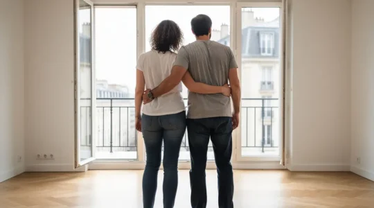 Couple trentenaire observant un salon vide lors d'une visite immobilière pour leur assurance emprunteur