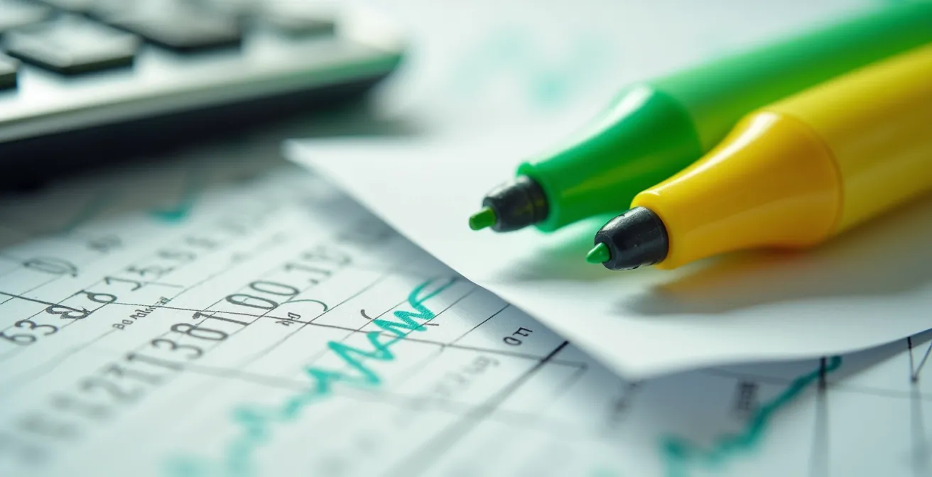 Vue macro de documents financiers organisés avec des surligneurs et une calculatrice