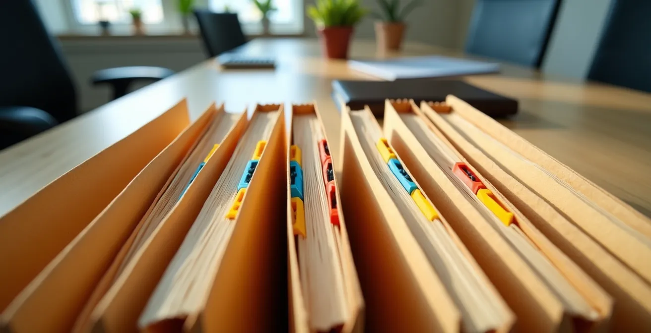 Organisation méthodique de documents immobiliers sur un bureau professionnel