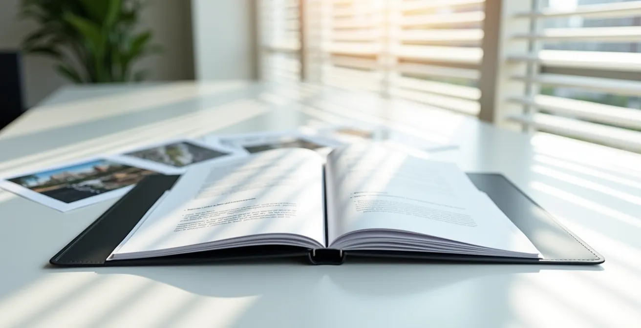 Dossier ouvert avec photos d'appartement et comparatifs immobiliers pour justifier un complément de loyer