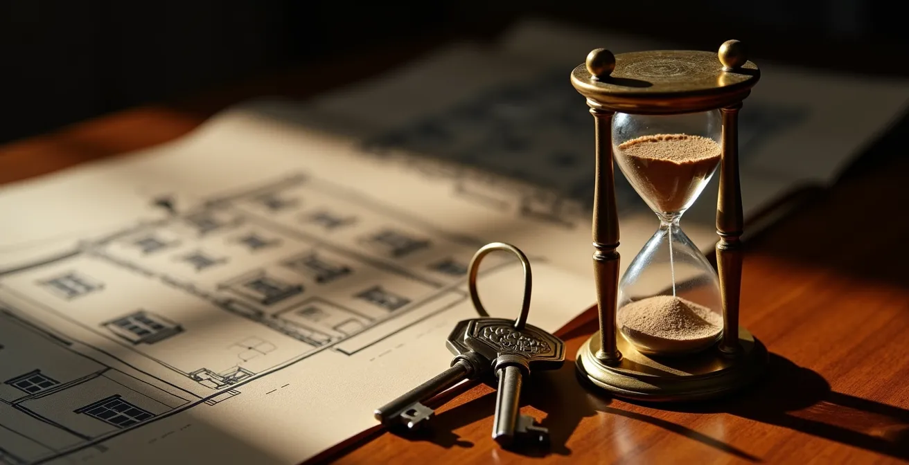 Composition avec horloge antique et clés de maison sur bureau notarial, symbolisant l'urgence d'activer le droit viager au logement.