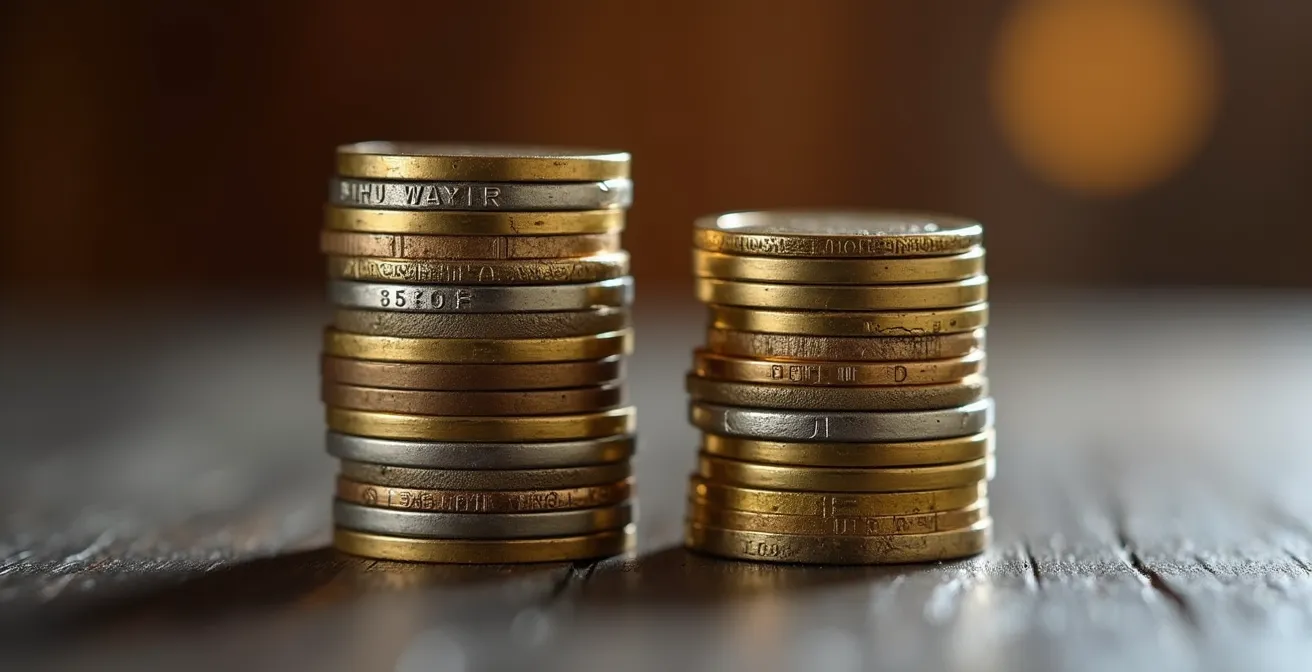 Piles de pièces illustrant l'économie réalisée avec le privilège de prêteur de deniers