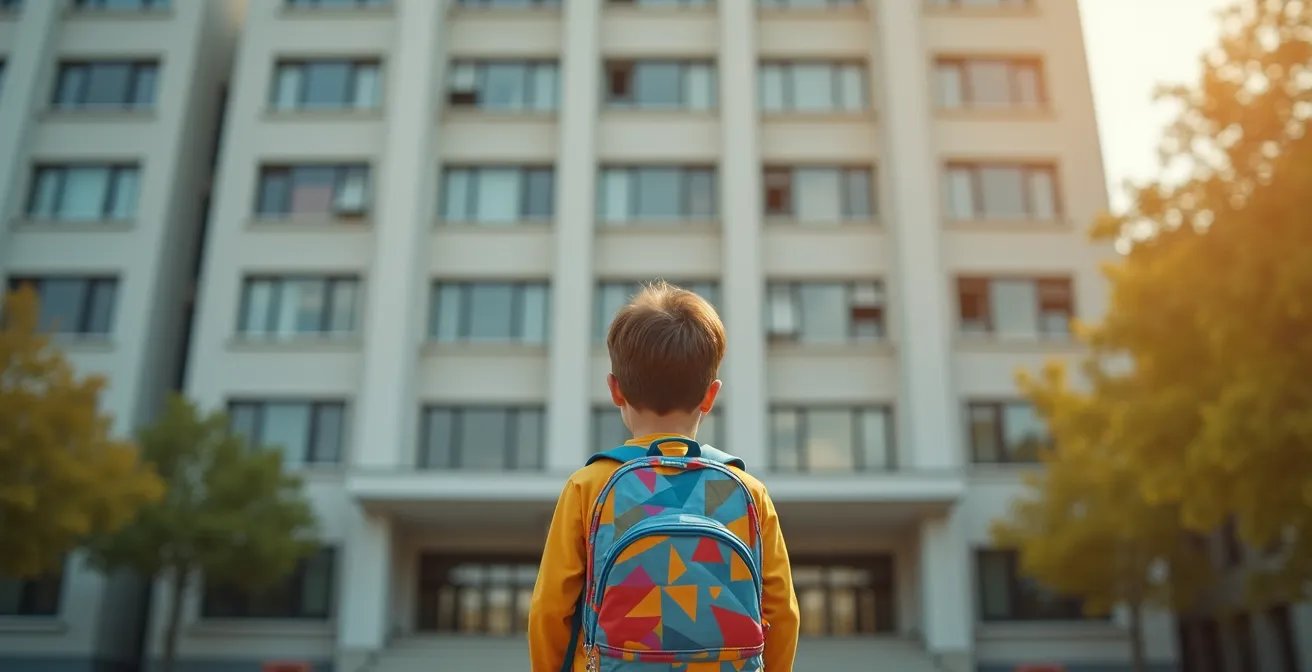 Enfant de dos avec un cartable, regardant une école en arrière-plan flou.