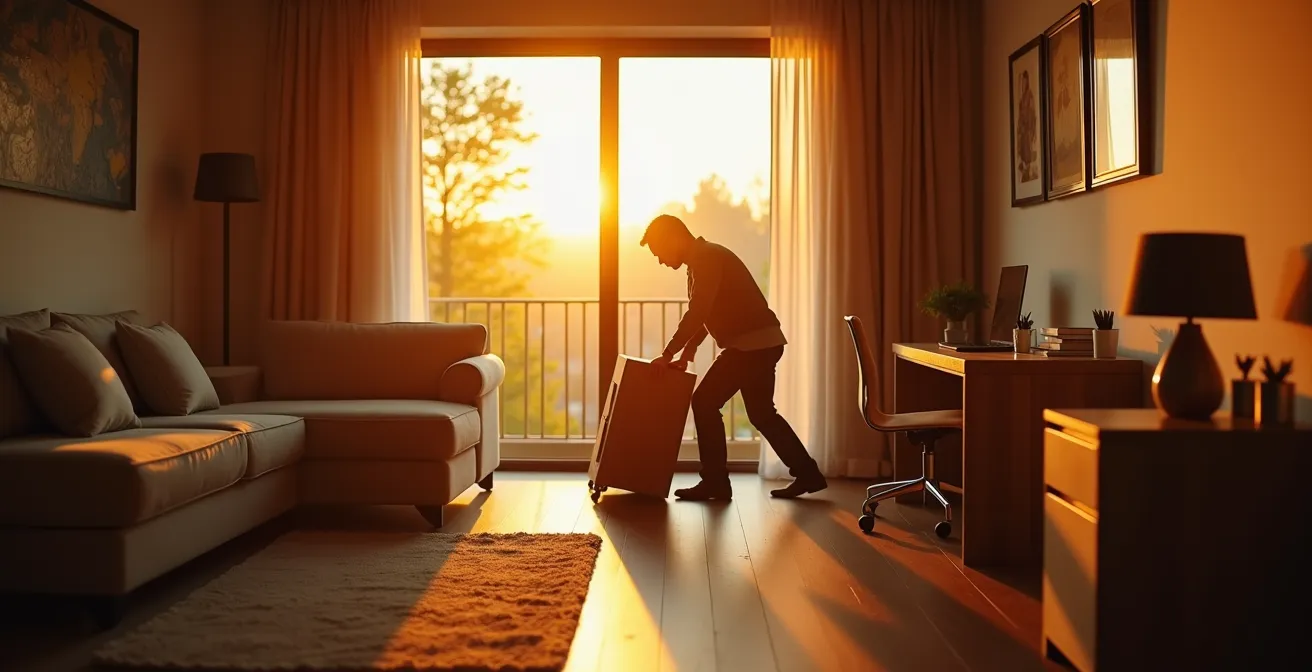 Intérieur d'appartement lumineux avec pièce polyvalente aménagée de manière flexible