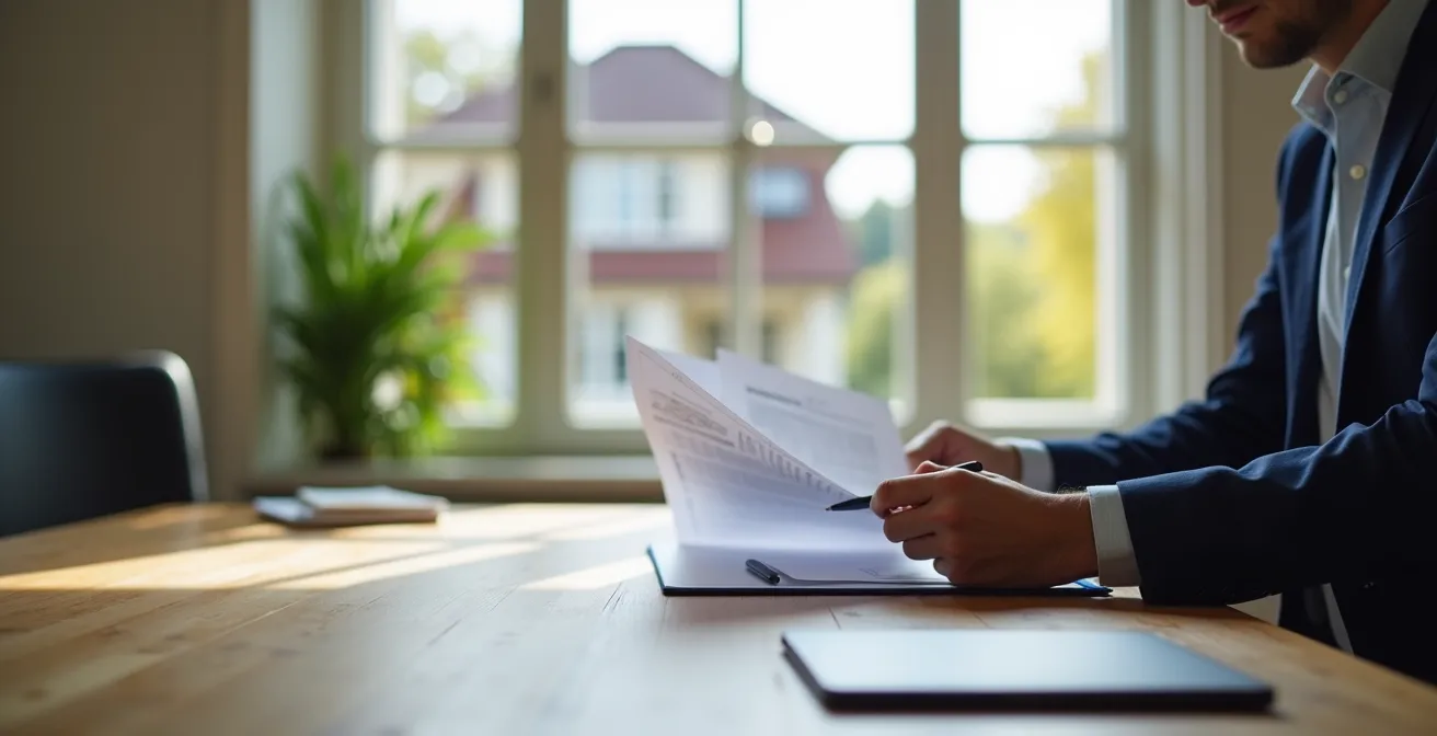 Agent immobilier analysant des documents d'évaluation avec une maison traditionnelle floue en arrière-plan