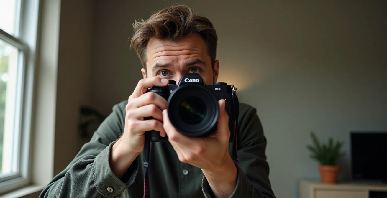 Photographe documentant méticuleusement l'état d'un appartement