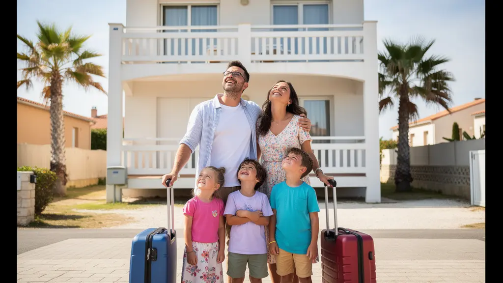 Famille française arrivant devant une résidence de vacances méditerranéenne au Barcarès