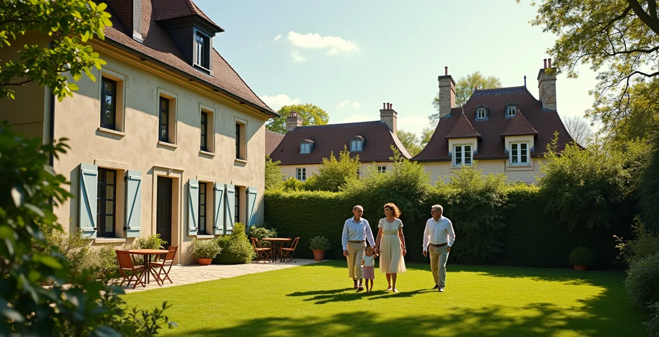 Vue extérieure d'une maison familiale française avec plusieurs générations réunies dans le jardin