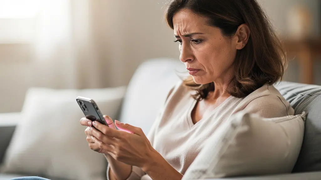 Femme consultant une annonce de location vacances sur smartphone avec expression méfiante