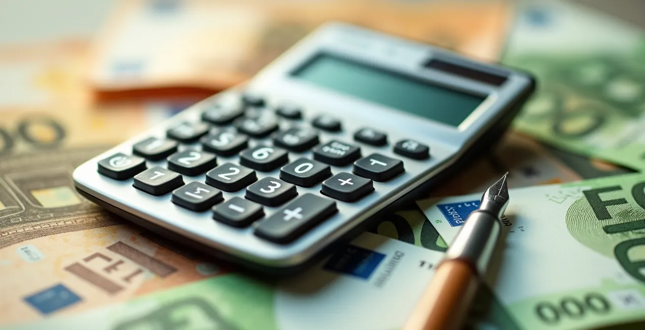 Calculatrice posée sur des documents bancaires avec billets euros et stylo plume en arrière-plan flou