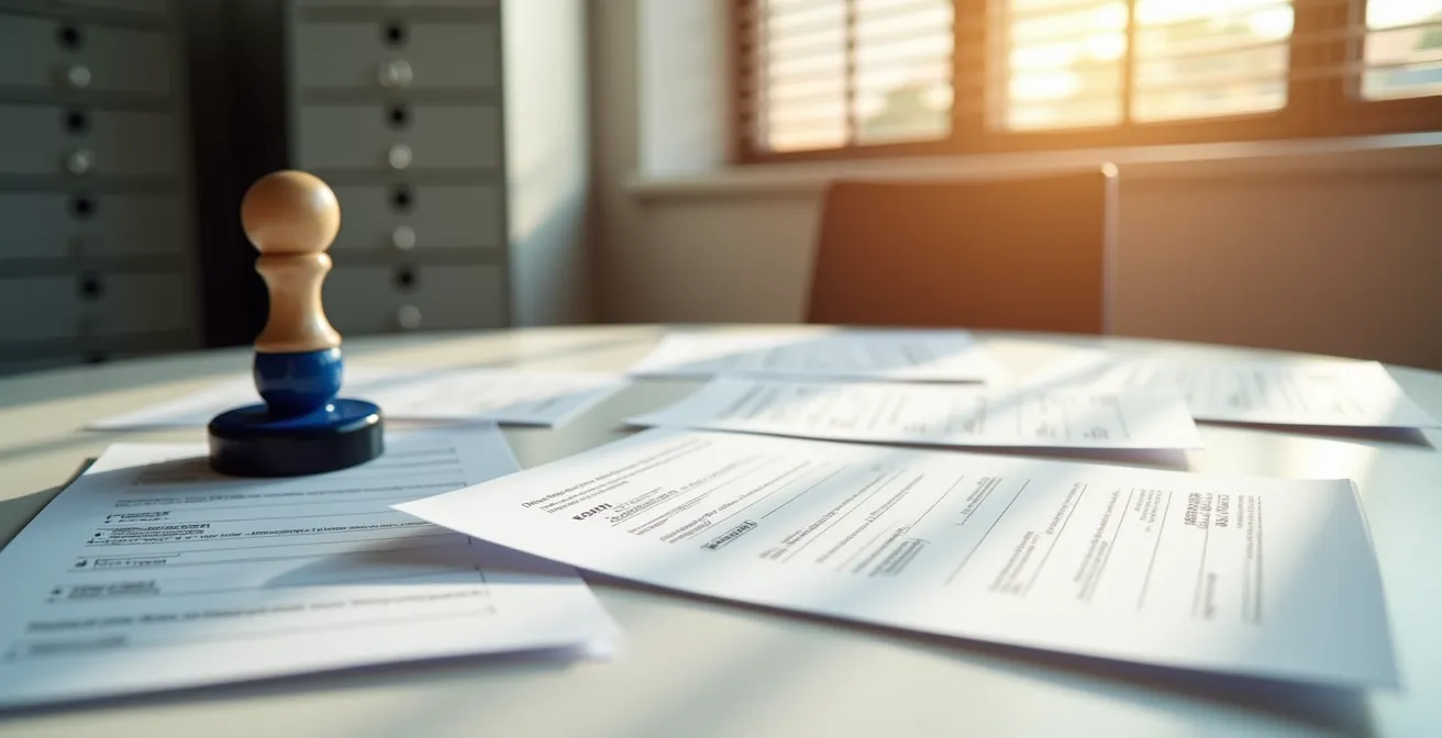 Bureau administratif avec formulaires et tampons officiels pour démarches foncières