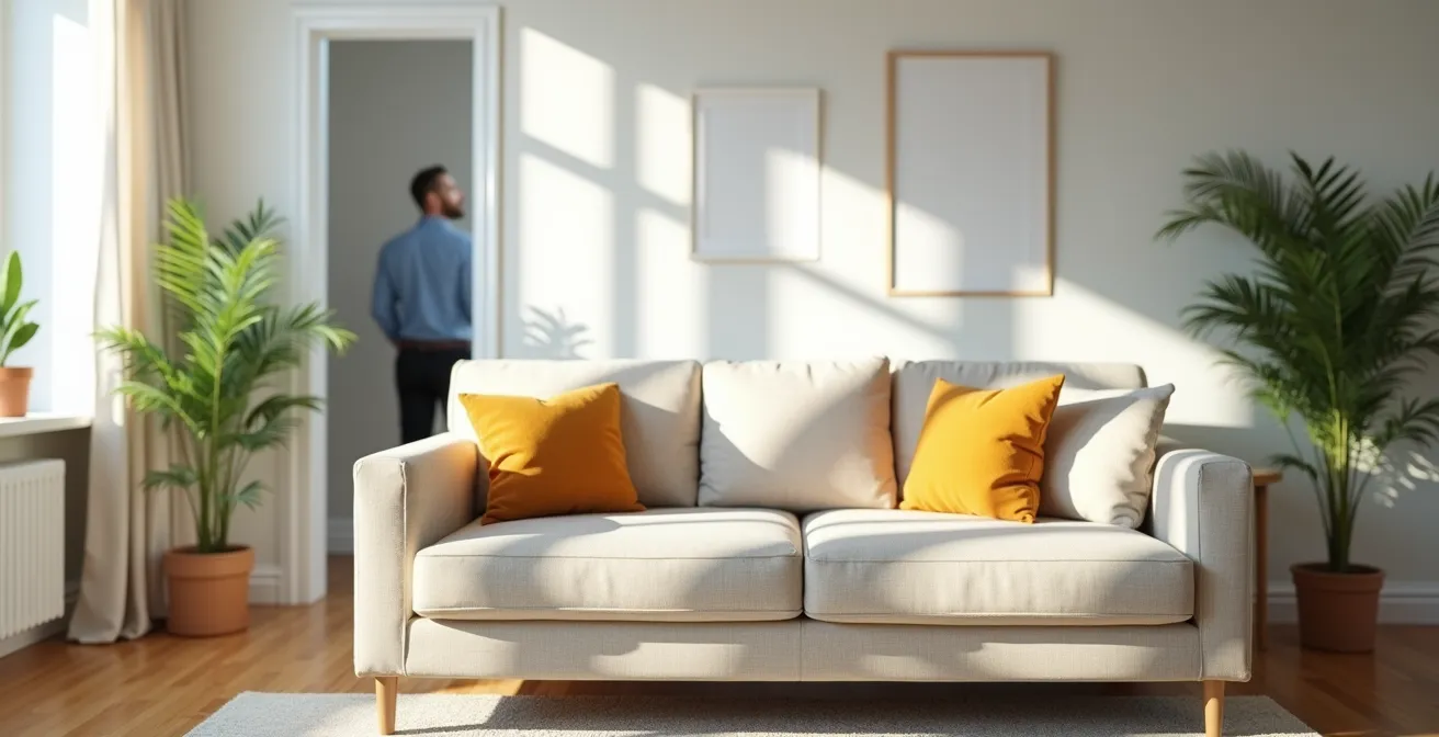 Salon épuré après home staging avec mobilier neutre et plantes vertes