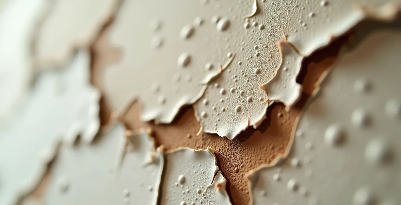 Détail macro d'un mur présentant des traces d'humidité avec texture de peinture écaillée