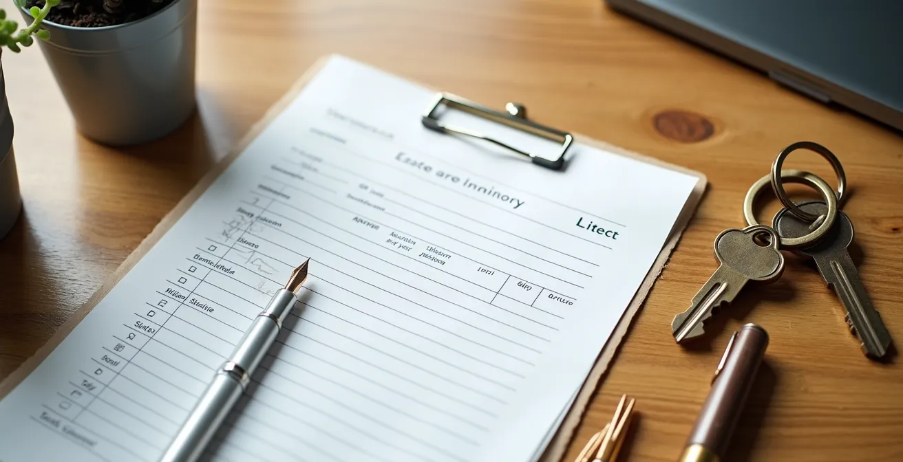 Vue plongeante sur un bureau avec inventaire manuscrit, stylo et clés de maison