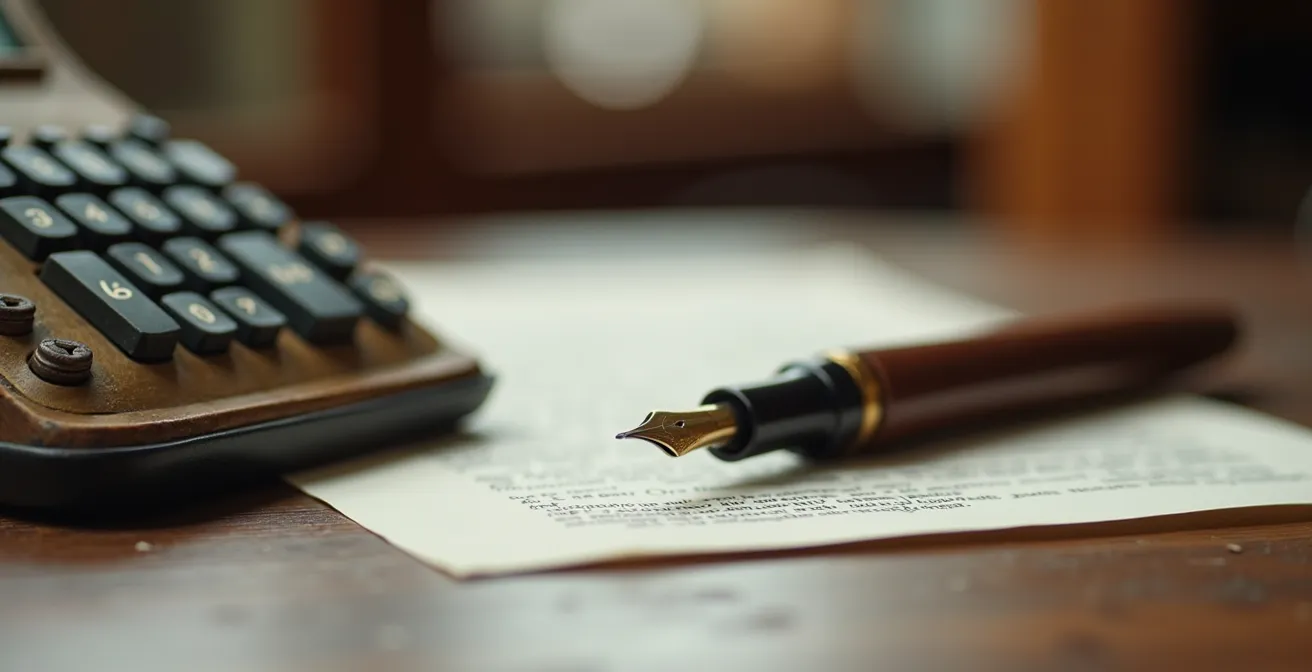 Vue macro détaillée de documents d'inventaire mobilier avec stylo plume et calculatrice