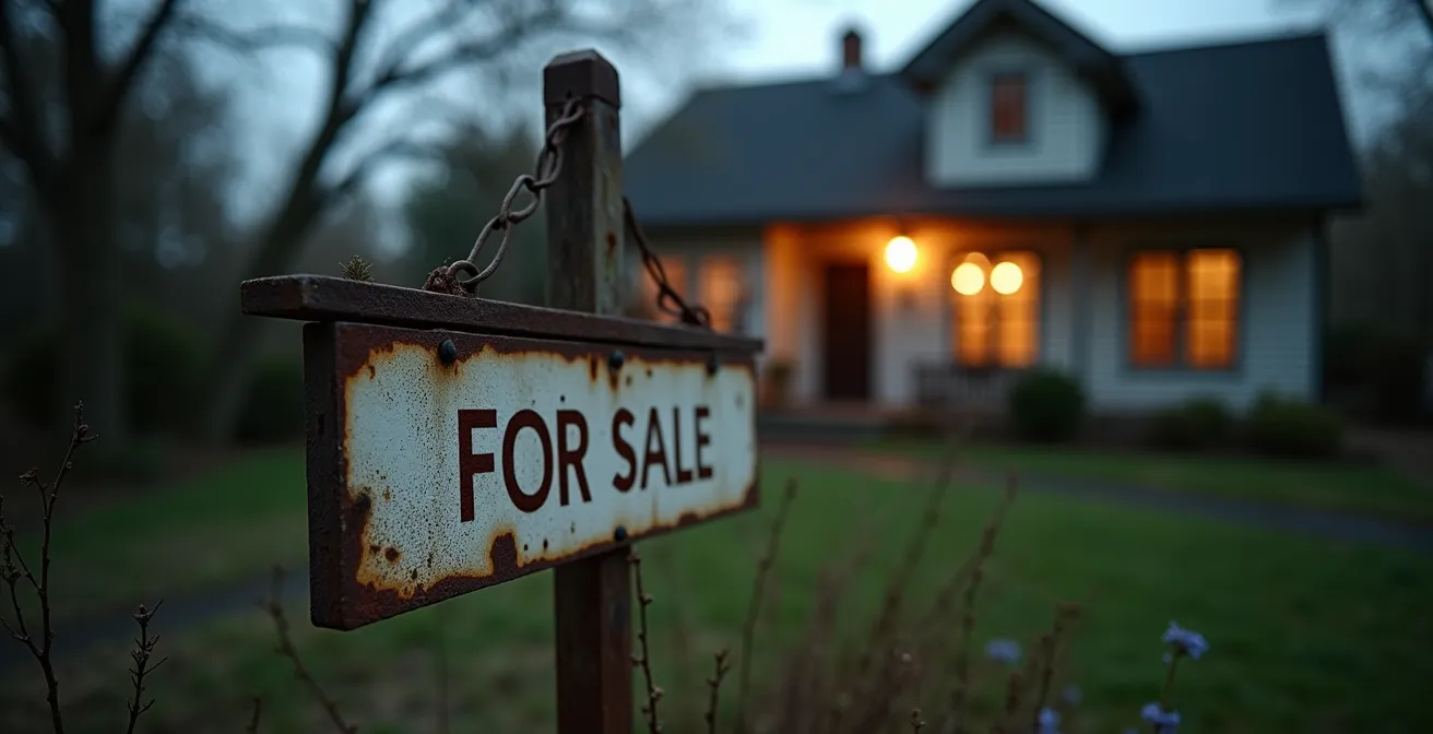 Panneau 'À vendre' décoloré devant une maison, suggérant une longue période sans succès