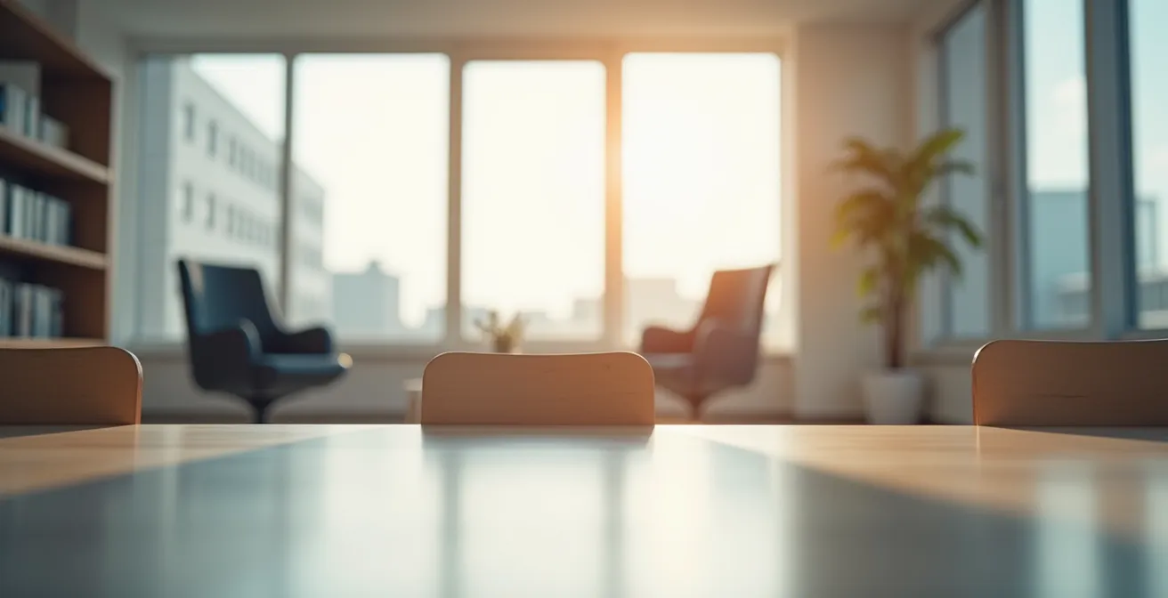 Médiation notariale pour résolution de conflit immobilier dans un bureau minimaliste et neutre.